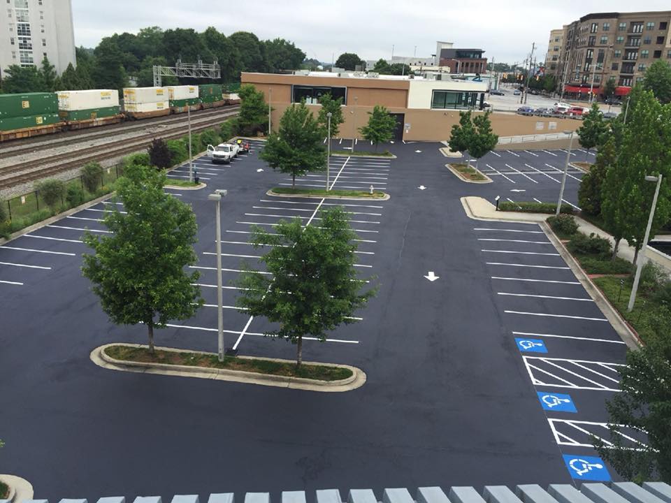 aerial parking lot after seal coating